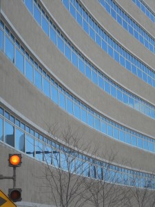 blue sky in the office windows of the Theory Center