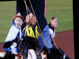 capuchin monkeys dressed as cowboys riding border collies
